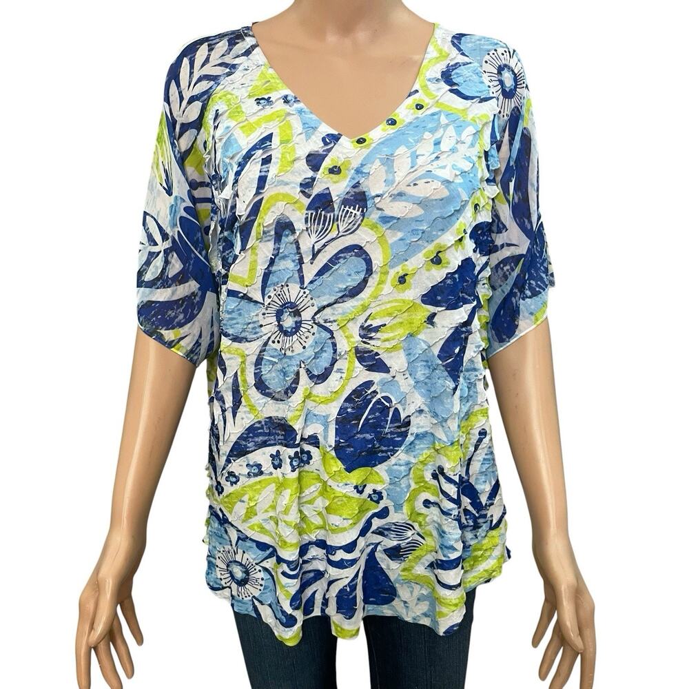Jess And Jane Sublimation Print Ruffle Tunic Top XL Short Sleeve Floral White